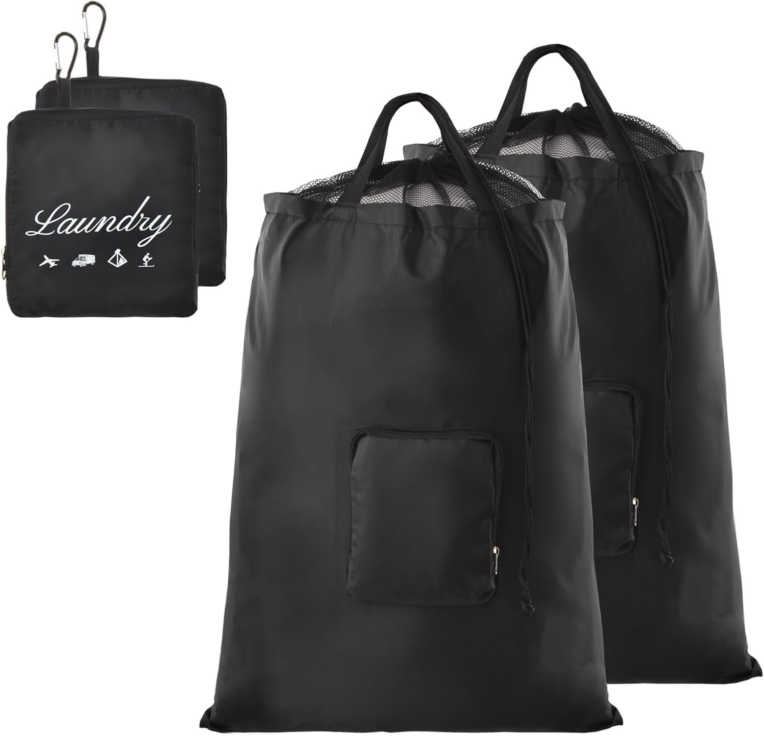 Travel Laundry Bags, 2Pcs JHX Foldable Dirty Clothes Bag 【Upgraded】 with Fixed Drawstring Net, Handles and Carabiner, Portable Laundry Bags for Travel and Fitness (Dark-Black) 30"H x 21"W
