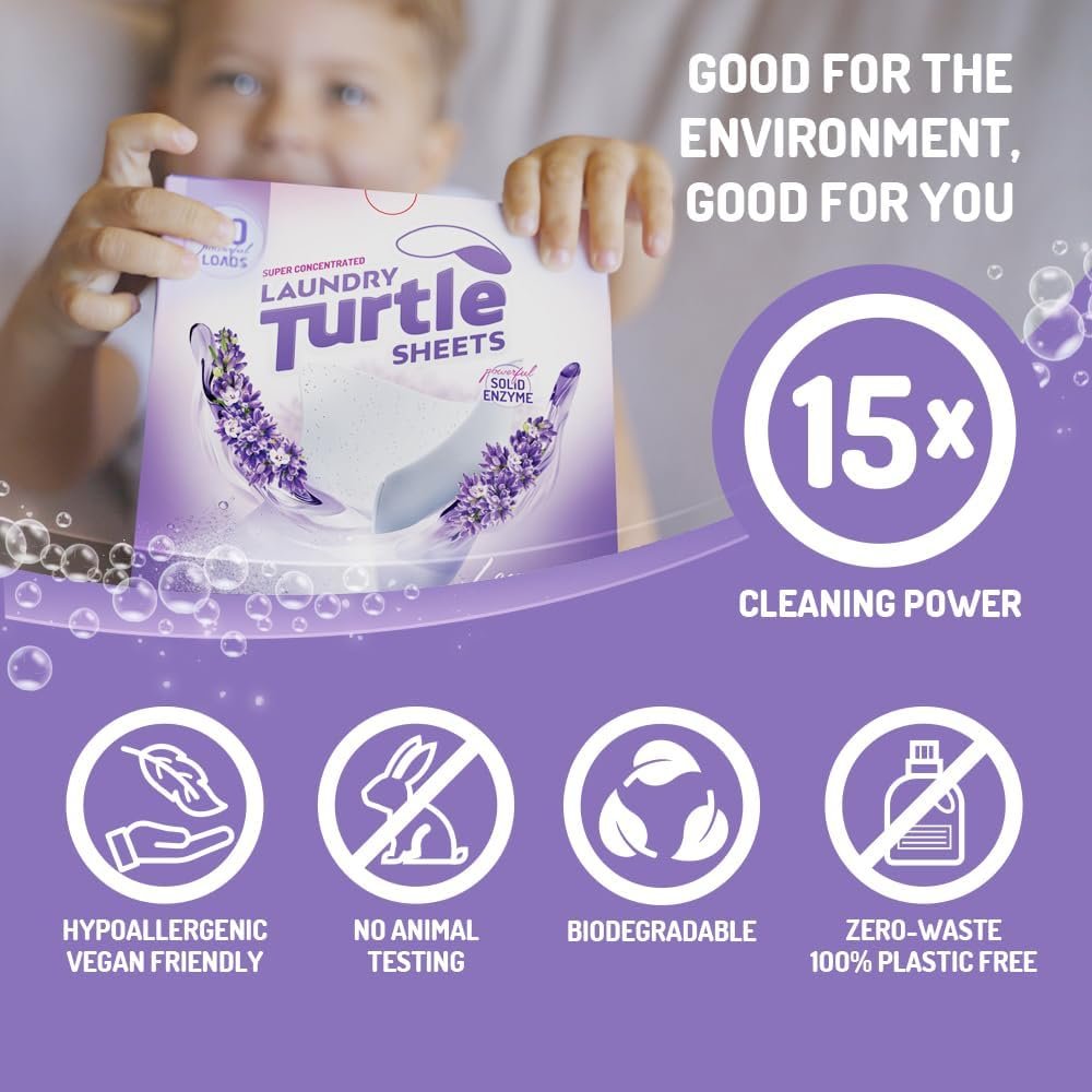 Laundry Turtle - Lavender Laundry Sheets Up to 100 Machine Loads – Strips, Travel Size, 50 Non Toxic Laundry Detergent Sheets, Fresh Scent Washing Detergent, Strong Organic Cleaning Power - Image 2