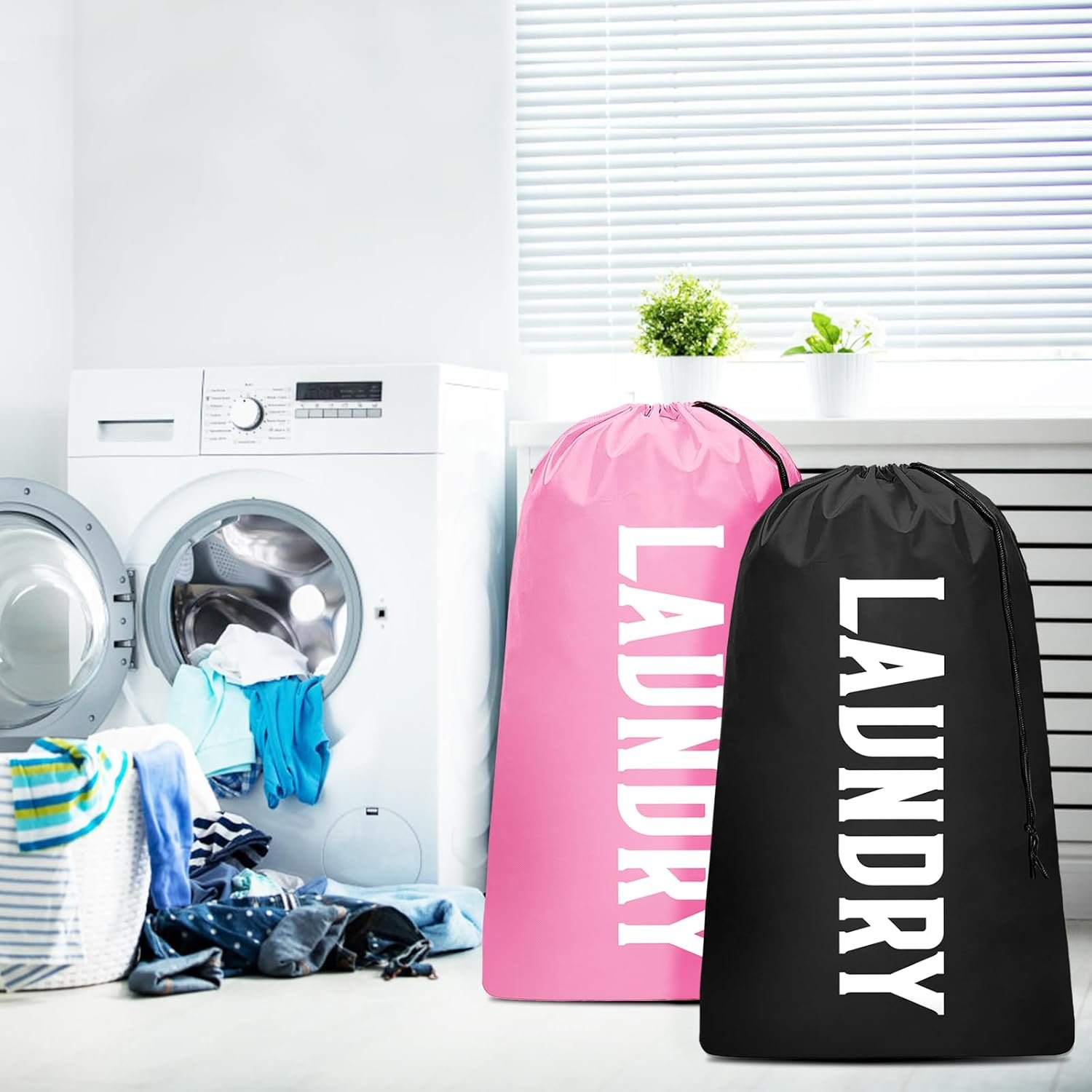 2 Pack XL Travel Laundry Bag, Machine Washable Dirty Clothes Organizer, Large Enough to Hold 4 Loads of Laundry, Easy Fit a Laundry Hamper (Black + Pink) - Image 2