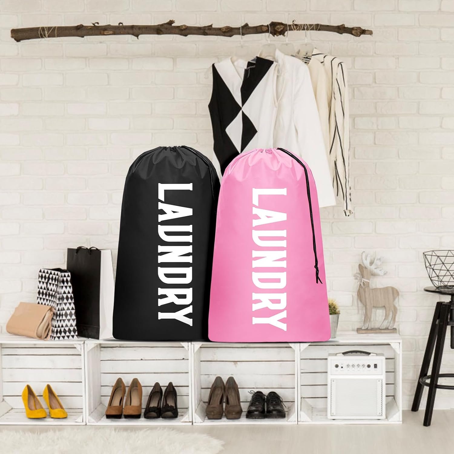 2 Pack XL Travel Laundry Bag, Machine Washable Dirty Clothes Organizer, Large Enough to Hold 4 Loads of Laundry, Easy Fit a Laundry Hamper (Black + Pink) - Image 8