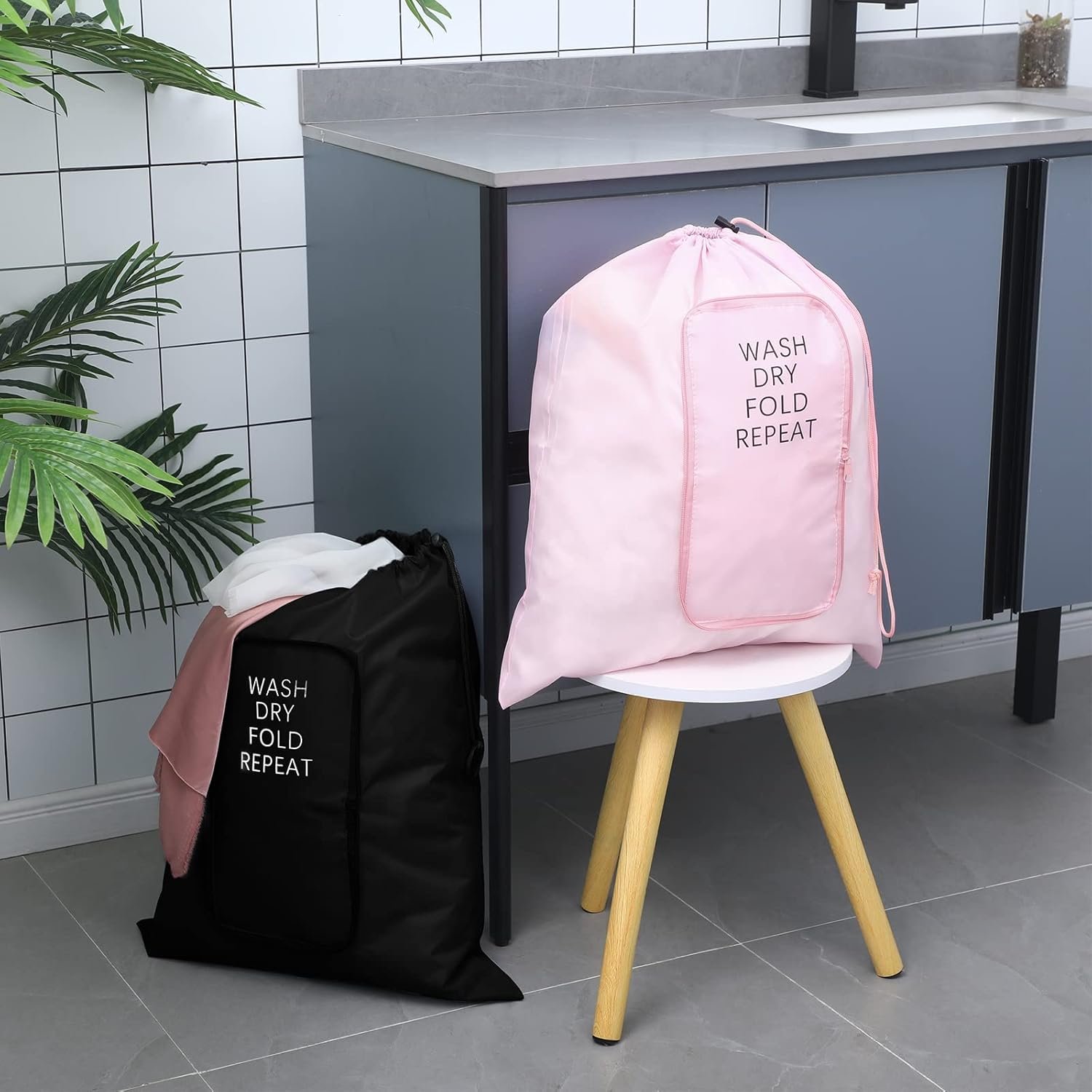2 Pcs Travel Laundry Bag Washable Dirty Clothes Bag with Drawstring and Zipper for Suitcase, 22 x 18 Inch (Pink, Black,Classic) - Image 5