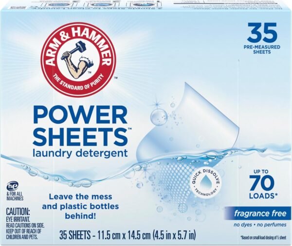 ARM & HAMMER Power Sheets Laundry Detergent, Fragrance Free, No Dyes or Perfumes, Lightweight and Travel-Friendly, 35 Count, Up to 70 Small Loads - Image 12