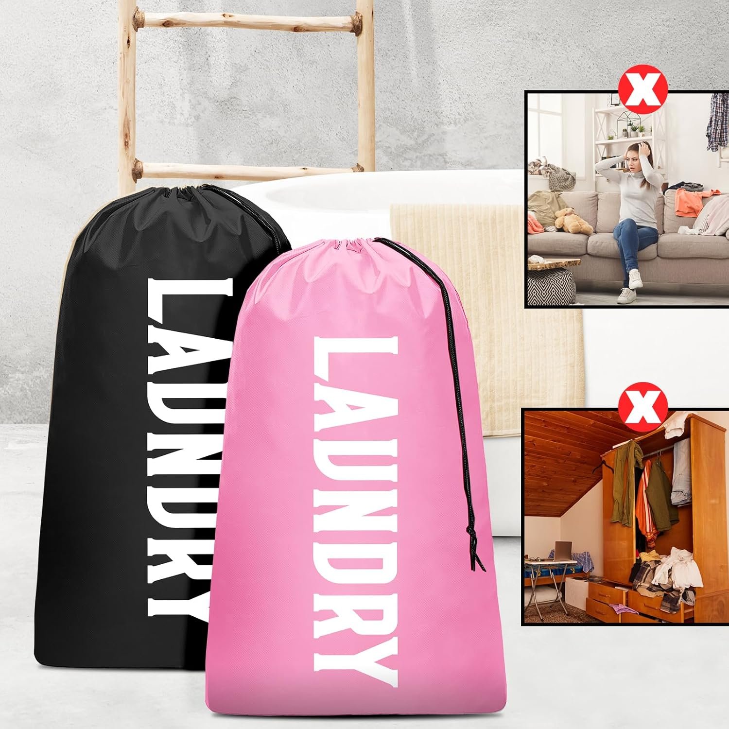 2 Pack XL Travel Laundry Bag, Machine Washable Dirty Clothes Organizer, Large Enough to Hold 4 Loads of Laundry, Easy Fit a Laundry Hamper (Black + Pink) - Image 6