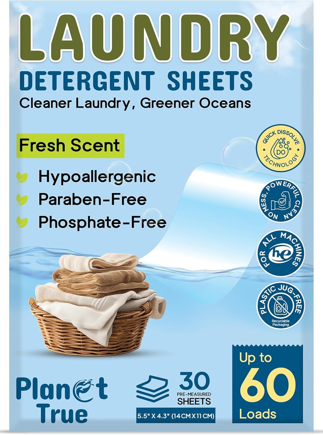 Eco-Friendly Laundry Detergent Sheets – 60 Loads (30 Sheets) Fresh Scent – Concentrated, Quick-Dissolve, Travel-Friendly & Hypoallergenic – No Phosphate, Bleach or Dyes