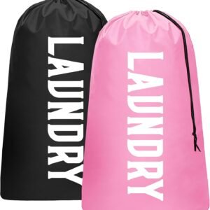 2 Pack XL Travel Laundry Bag, Machine Washable Dirty Clothes Organizer, Large Enough to Hold 4 Loads of Laundry, Easy Fit a Laundry Hamper (Black + Pink)