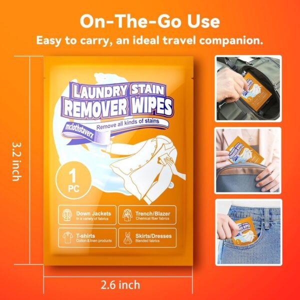 Stain Remover Wet Wipes for Clothes Laundry, Natural Orange Scent Fabric Cleaning Wipes for Women Baby, No Wet Patches, Instant Clothes Spot Remover Travel Size for Vacation Office, 20 Count - Image 3