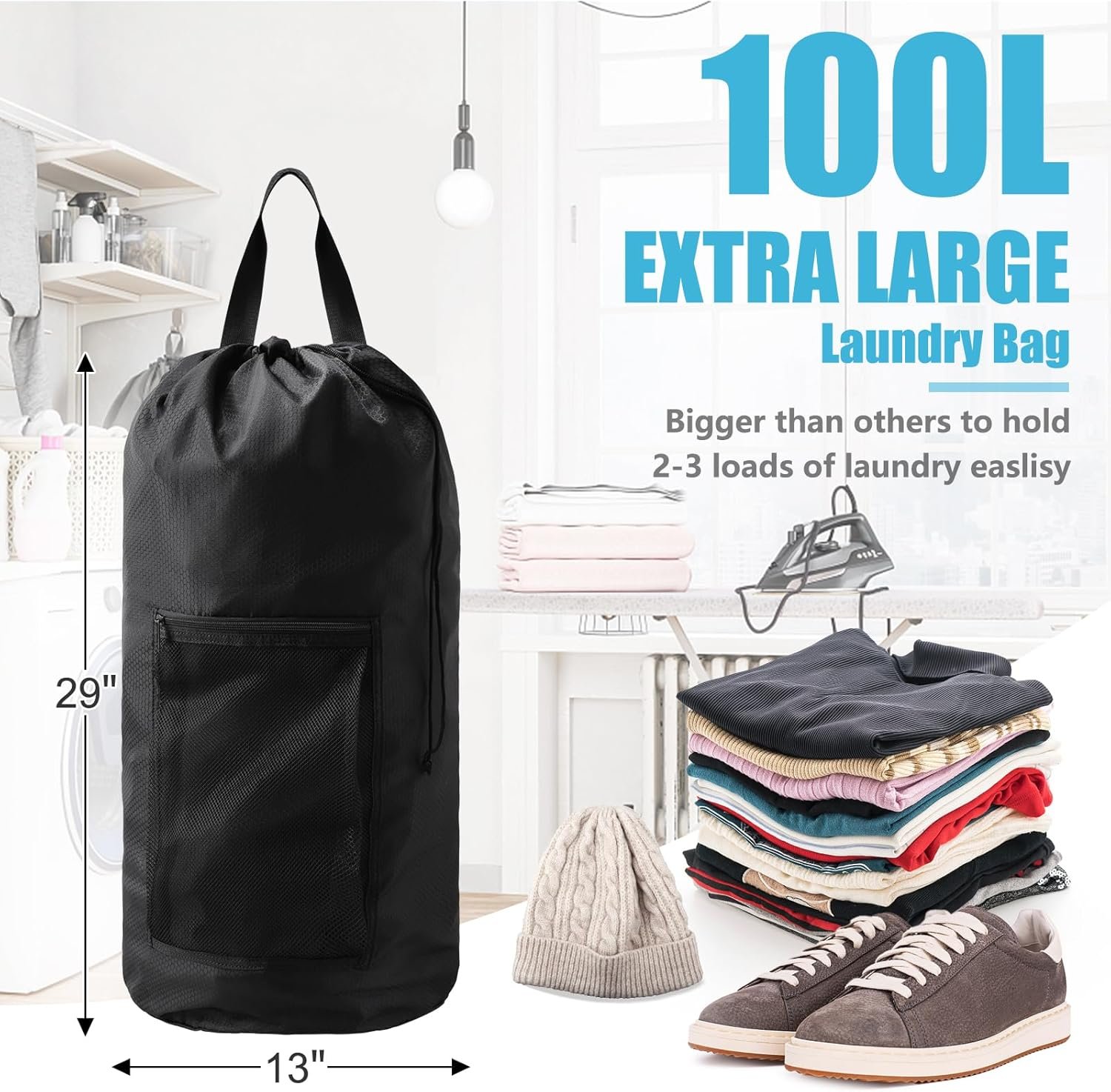 Laundry Bag Backpack,Olosar Extra Large Travel Laundry Bag with Mesh Pocket & Adjustable Shoulder Straps,Dirty Clothes Travel Bag for College Students Dorm,Apartment(Black) - Image 3