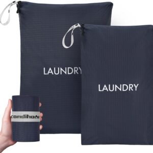 Travel Laundry Bag (2 Pcs - Large + Small) - Foldable Waterproof Washable Wet Dry Bag for Gym, Swimming, Yoga, and Workout Perfect for Dirty Clothes, Bathing Suits, Travel Accessories - Navy Blue