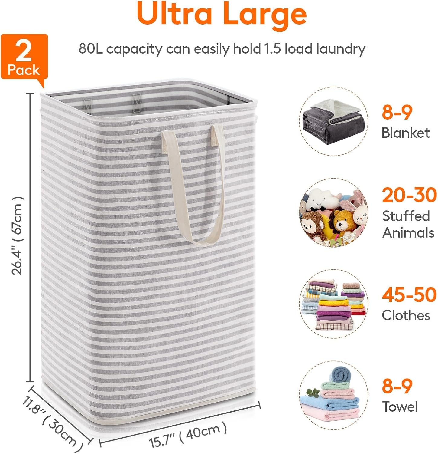 Lifewit 2 Pack Laundry Hamper Large Collapsible Laundry Baskets, Freestanding Waterproof Clothes Hamper with Easy Carry Handles in Laundry Room Bedroom Bathroom College Dorm for Adults, Grey, 2 x 80L - Image 4