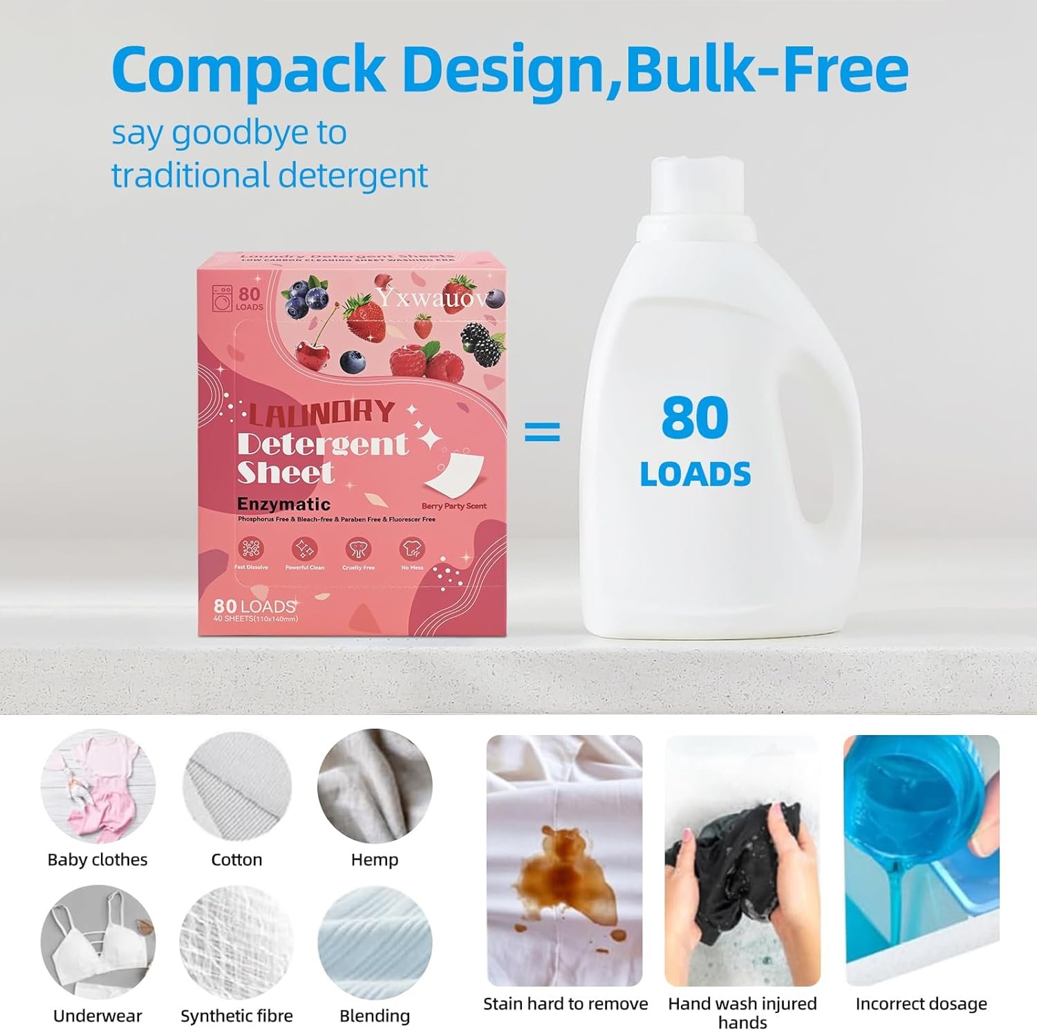 Travel Laundry Detergent Sheets 80 Loads Eco-Friendly Laundry Soap Washer Sheets - Liquidless Detergent Plastic Free & Hypoallergenic(Berry Party Scented) - Image 4