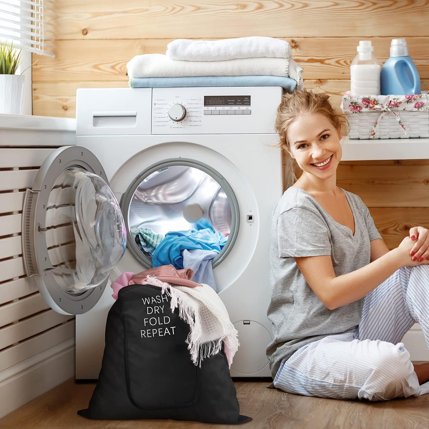 2 Pcs Travel Laundry Bag Washable Dirty Clothes Bag with Drawstring and Zipper for Suitcase, 22 x 18 Inch (Pink, Black,Classic) - Image 4