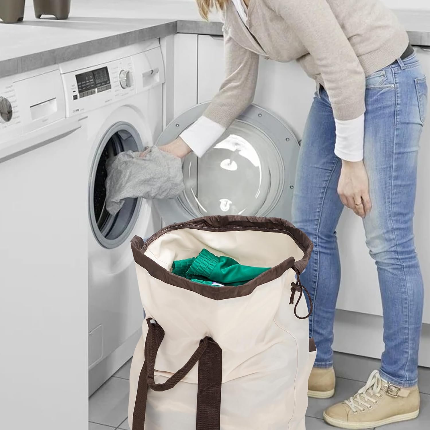 Laundry Bag Backpack with Shoulder Straps and Detergent Holder Clothes, Travel Laundry Backpack Bag Hamper for College Dorm Room (Khaki w Brown) - Image 7