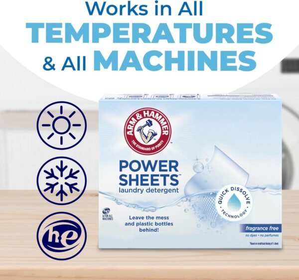 ARM & HAMMER Power Sheets Laundry Detergent, Fragrance Free, No Dyes or Perfumes, Lightweight and Travel-Friendly, 35 Count, Up to 70 Small Loads - Image 11