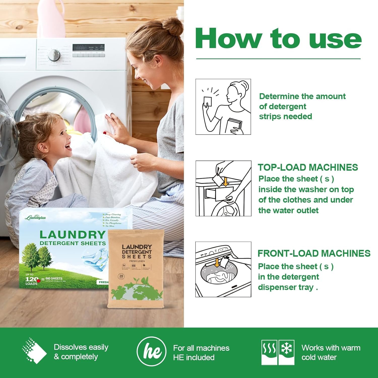 Laundry Detergent Sheet, Eco-Friendly & Hypoallergenic Wash Strips, Natural Ingredients, Ultra-Concentrated, Travel-Ready, No Plastic Jug- Fresh Scent, (120 Loads) 60 Sheets - Image 8