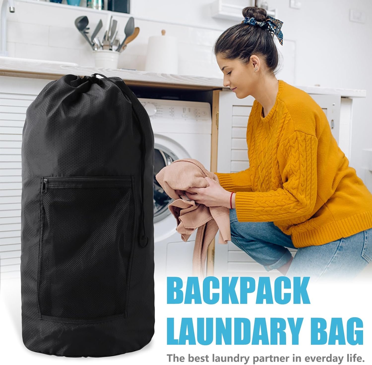 Laundry Bag Backpack,Olosar Extra Large Travel Laundry Bag with Mesh Pocket & Adjustable Shoulder Straps,Dirty Clothes Travel Bag for College Students Dorm,Apartment(Black) - Image 2