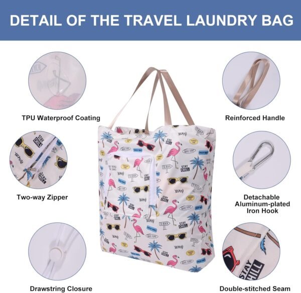 2 Pack Travel Laundry Bag with Handle and Drawstring, Expandable Foldable Dirty Clothes Bags with Hook and Zipper, 23*20 inch, Vacation - Image 2