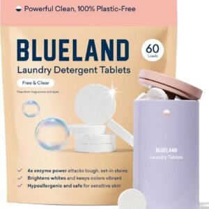 BLUELAND Laundry Detergent Tablets, Starter Set, 60 Count with Tin, Plastic-Free Eco-Friendly Pods, Sheets, Liquid Alternative - Fragrance Free and Clear, Natural, Gentle