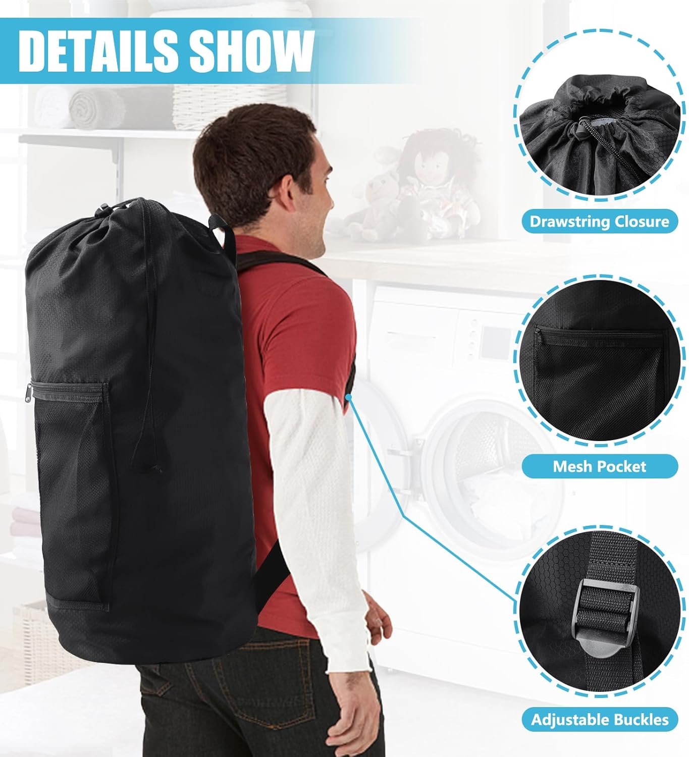 Laundry Bag Backpack,Olosar Extra Large Travel Laundry Bag with Mesh Pocket & Adjustable Shoulder Straps,Dirty Clothes Travel Bag for College Students Dorm,Apartment(Black) - Image 4