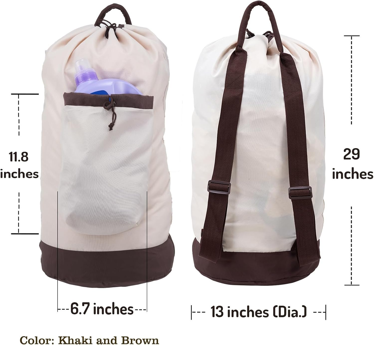 Laundry Bag Backpack with Shoulder Straps and Detergent Holder Clothes, Travel Laundry Backpack Bag Hamper for College Dorm Room (Khaki w Brown) - Image 2