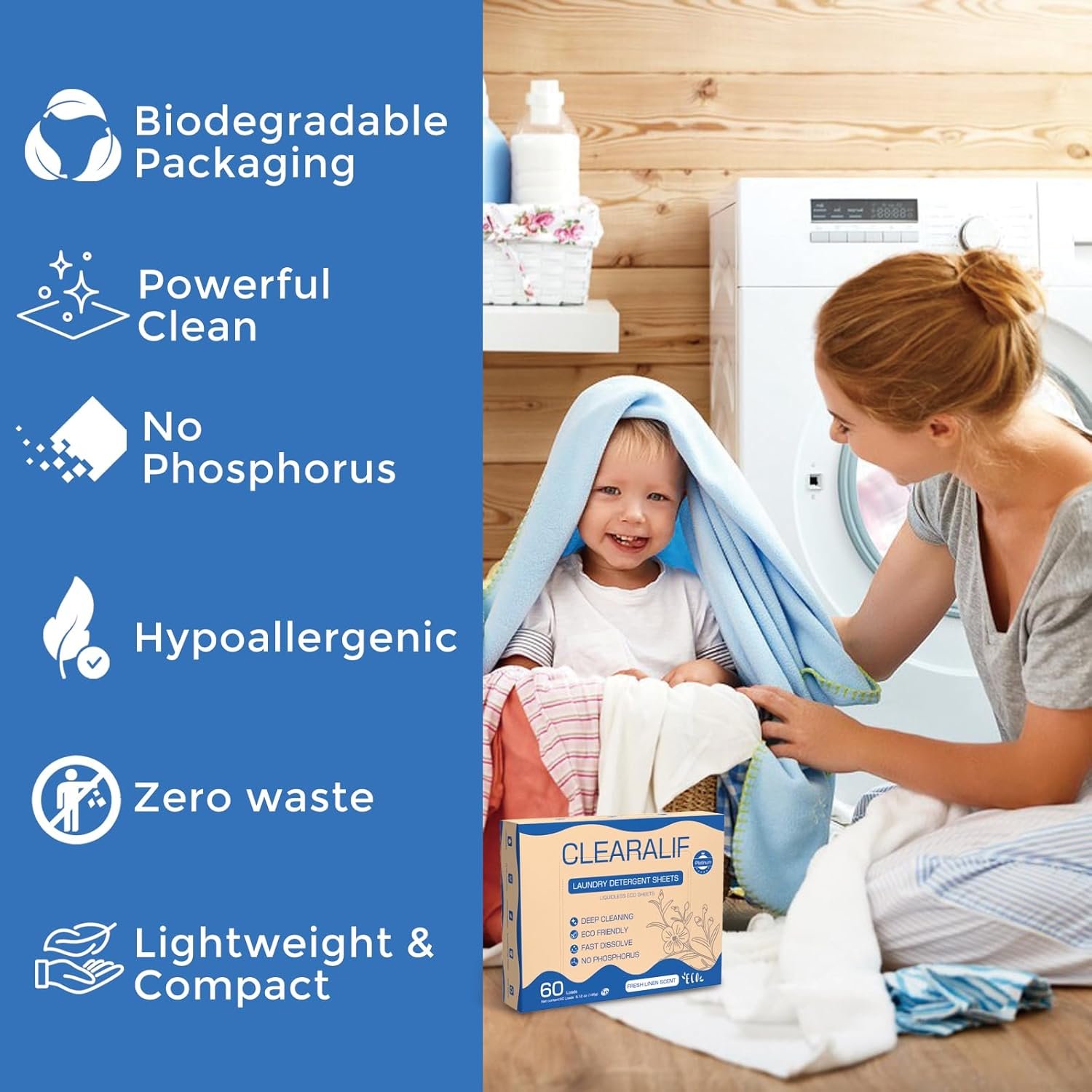 CROS 60 Loads Laundry Detergent Sheets Linen Scent, for Travel, Home, Apartment, Dorm, Laundry Detergent Strips Eco Friendly, Hypoallergenic, Liquidless Washing Supplies - Image 2
