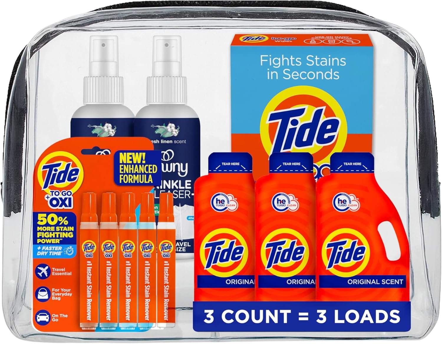 Tide Dorm Room Essentials Bundle - Includes Liquid Detergent, Tide Stain Remover Wipes, Stain Remover Pen & Downy Wrinkle Releaser Spray - College & Back to School