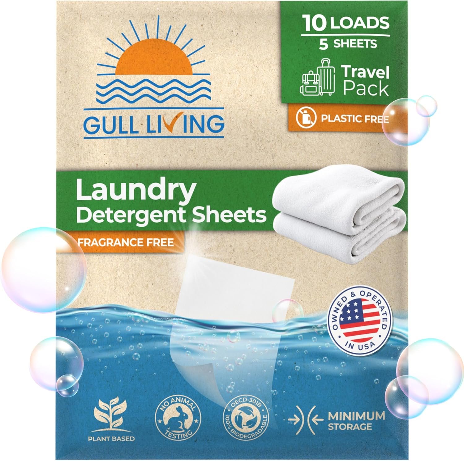 Gull Living Laundry Detergent Sheets For Travel - Eco-Friendly, Plant-Based Hypoallergenic Laundry detergent - Dissolves Quickly, Removes Stains & Odors - Laundry Soap Sheets - Fragrance Free 10 Loads