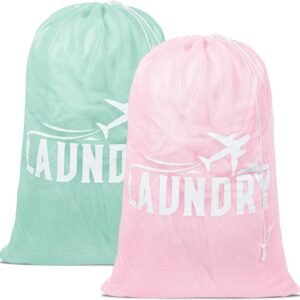 2 Pack Large Mesh Laundry Bag, Heavy Duty Laundry Bags with Drawstring, Laundry Hamper Liner, Machine Washable, for Travel, Storage, Sports, Dorms and Apartment Dwellers, 24 x 36 Inches (Pink+Green)