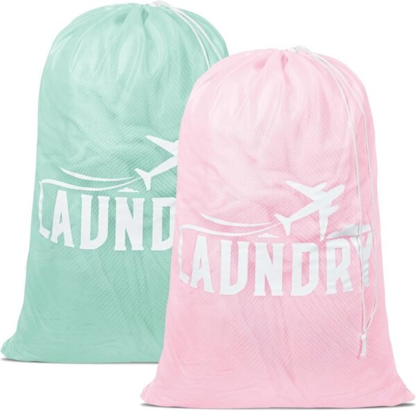 2 Pack Large Mesh Laundry Bag, Heavy Duty Laundry Bags with Drawstring, Laundry Hamper Liner, Machine Washable, for Travel, Storage, Sports, Dorms and Apartment Dwellers, 24 x 36 Inches (Pink+Green)