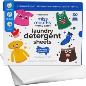 Miss Mouth's Messy Eater Laundry Detergent Sheets - Laundry Detergent, Hypoallergenic, Sensitive Skin Safe, Pediatrician and Dermatologist Tested, Fragrance Free, Travel Friendly, 60 loads