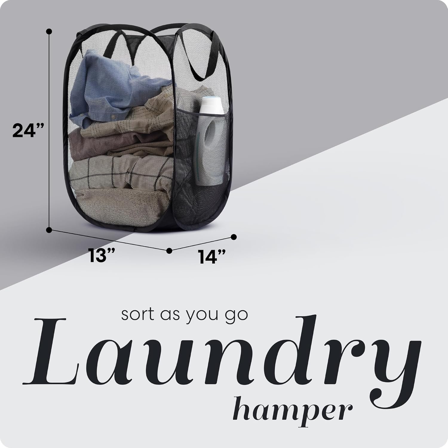 Handy Laundry Collapsible Mesh Pop Up Hamper with Wide Opening and Side Pocket - Breathable, Sturdy, Foldable, and Space-Saving Design for Clothes and Storage (Black) - Image 2