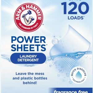ARM & HAMMER Power Sheets Laundry Detergent, Fragrance Free, No Dyes or Perfumes, Lightweight and Travel-Friendly, 60 Count, Up to 120 Small Loads