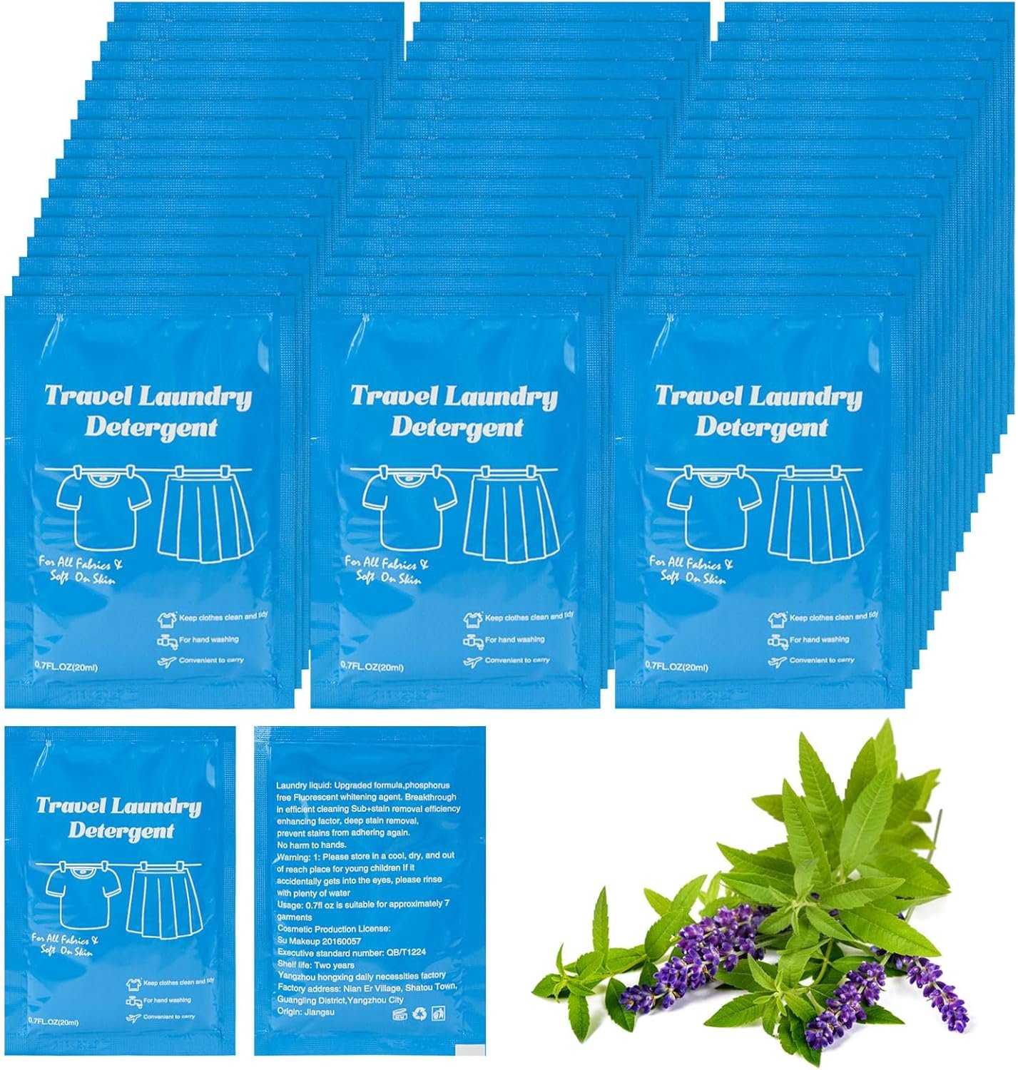 Twoworld Travel Size Liquid Laundry Detergent 0.7floz/20ml per Bag, Verbena Scent, 50 Pack, Suitable for All Fabrics, Hand & Machine Wash