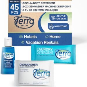 Travel Laundry Detergent & Dish Soap | Terra Breeze 1-Shoppe Amenities Kit | Laundry Soap, Dish Soap | 45 Pieces