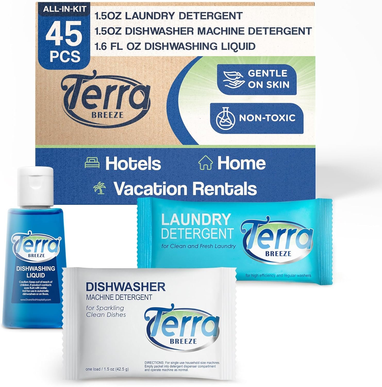 Travel Laundry Detergent & Dish Soap | Terra Breeze 1-Shoppe Amenities Kit | Laundry Soap, Dish Soap | 45 Pieces