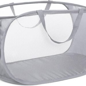 Durable Collapsible Laundry Baskets, Mesh Pop Up Laundry Hamper with Side Pocket, Foldable Clothes Storage Hamper with Reinforced Carry Handles for Laundry, Bathroom, Kids Room, Dorm or Travel Grey