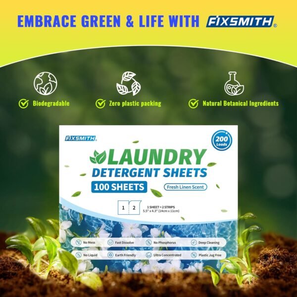 FIXSMITH Laundry Detergent Sheets - 200 Loads (100 Sheets) Fresh Linen Scent - Hypoallergenic,Eco Friendly Laundry Detergent Strips Ultra-Concentrated Travel Detergent Sheets.Plastic-Free,Liquidless - Image 5