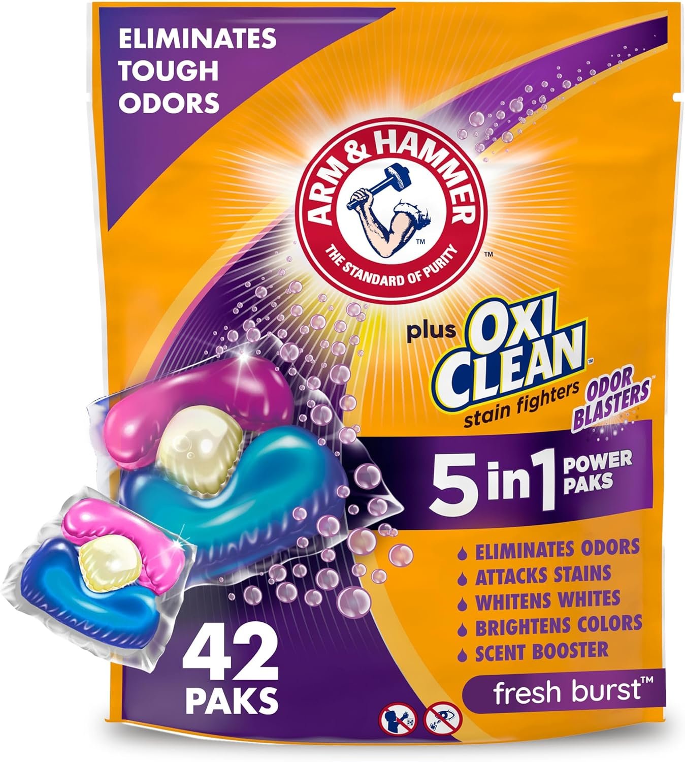 ARM & HAMMER Plus OxiClean with Odor Blasters 5-in-1 Laundry Detergent Power Paks, Laundry Odor Remover, Eliminates Odors, Attacks Stains, Fresh Burst Scent, 42 Count​