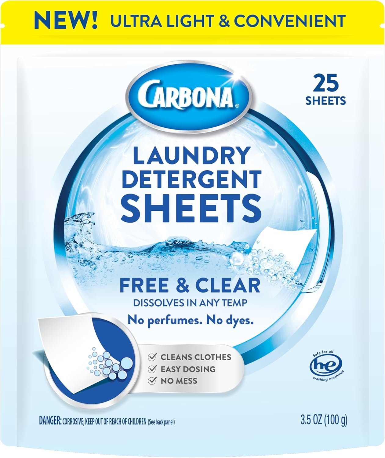 Carbona Laundry Detergent Sheets | Eco-Friendly Washing Detergent | Up to 50 Loads (25 Sheets) | Stain Remover | No Perfume or Dyes | Free & Clear