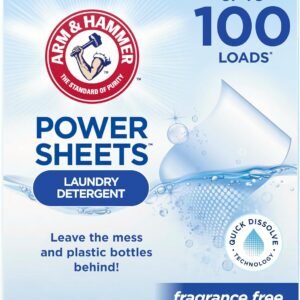 ARM & HAMMER Power Sheets Laundry Detergent, Fragrance Free, Dermatologist Tested Concentrated Laundry Detergent Sheets, 50 Count, up to 100 Small Loads