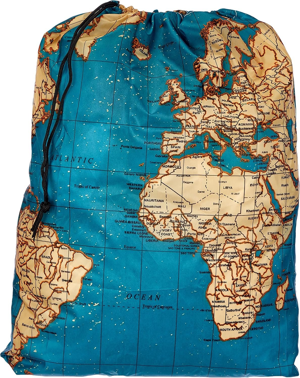 Kikkerland Travel-Size Laundry Bag, World Map Design Heavy Duty Laundry Bag, Polyester, Built-in Pouch, Inner Loop and Carabineer, Multicolor - Image 2