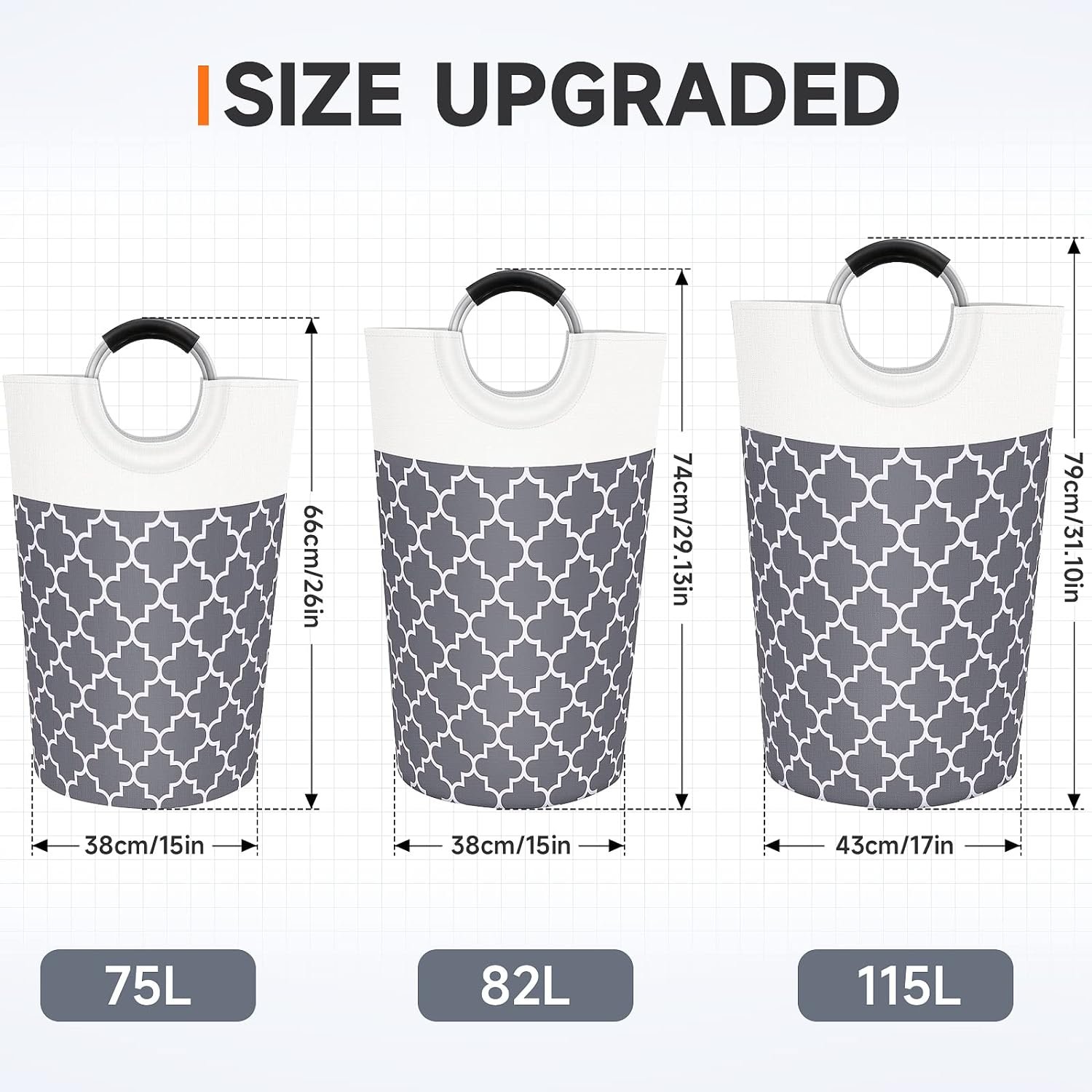 Large Laundry Basket Laundry Hamper Bag Washing Bin Clothes Bag Collapsible Tall With Handles Waterproof Travel Bathroom College Essentials Storage For College Dorm, Family (Grey)82L - Image 2