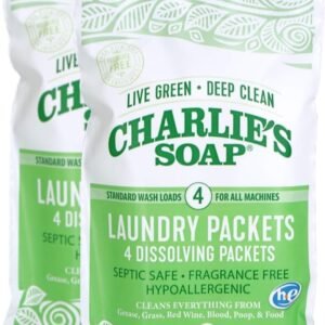 Charlie's Soap Hypoallergenic Unscented Laundry Packets Travel Size, Pack of 2 (8 Total Loads)