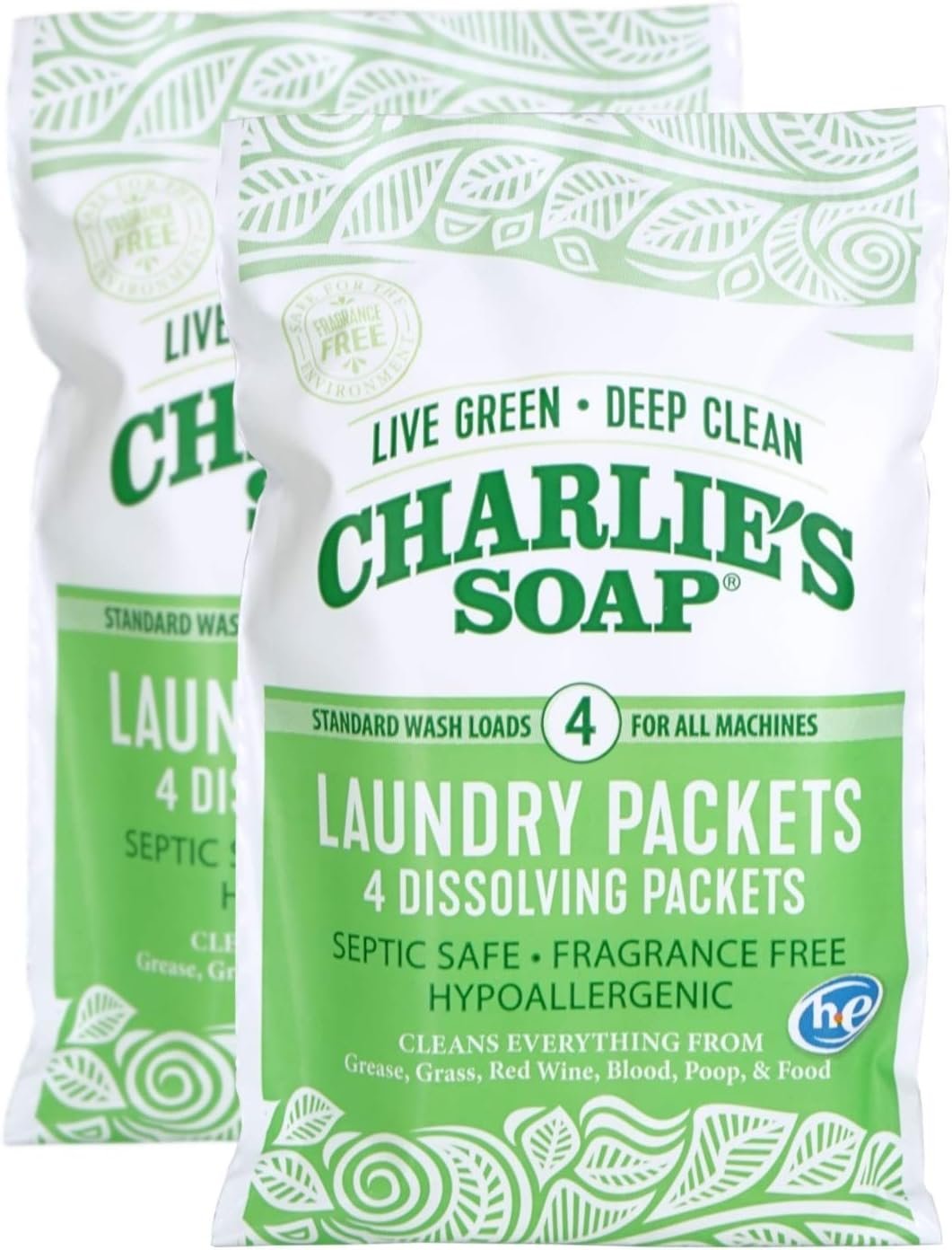 Charlie's Soap Hypoallergenic Unscented Laundry Packets Travel Size, Pack of 2 (8 Total Loads)